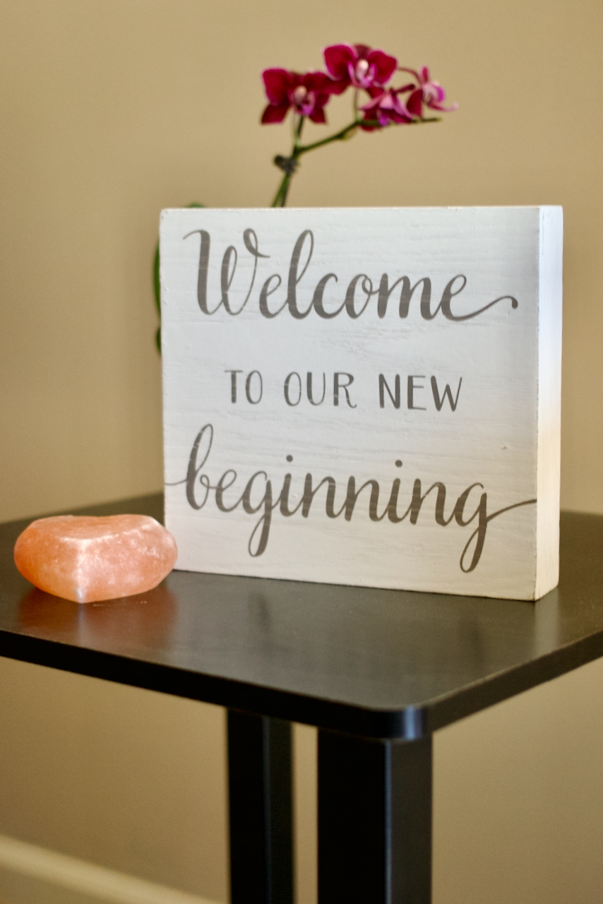 Welcome to our new beginning sign with orchid